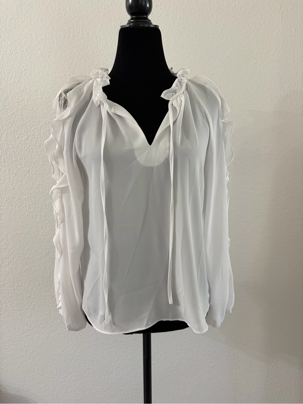 1. State White Ruffle Tie-Neck Blouse